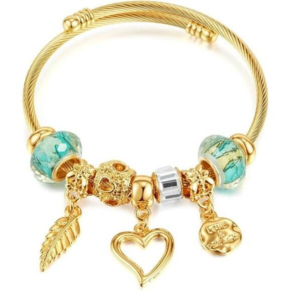 Gold Plated Charm Bracelet Adjustable Stainless Steel Cuff Cubic Zirconia Bangle - Picture 7 of 7